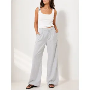 NWT Old Navy Linen Wide Leg Trouser Pants Gray Ivory Stripe High Rise Size Large thumbnail 12