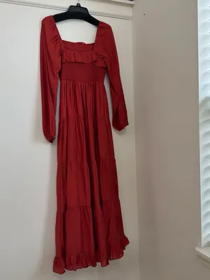 in february Rust Smocked Tiered Ruffle Maxi Dress Square Neck Size S NWT thumbnail 5