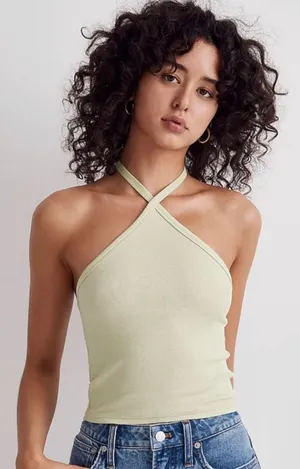 NWT! Madewell Supima® Rib Halter‎ Tank Top Lt Green Sz M - Damaged with Patches thumbnail 1