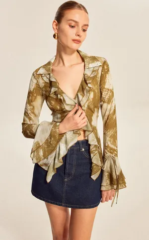 Commense Women's Large Brown Ruffled Modern Vintage-Infused Bell Sleeved Blouse thumbnail 13