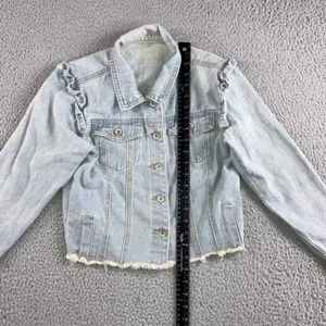 Ruffle Shoulder Denim Jacket Women S Light Wash‎ Raw Hem Cropped Western Spring thumbnail 4