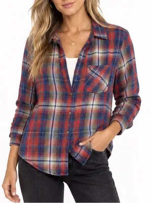 Dylan Medium Red Blue Plaid Flannel Button Down Shirt Western Fall Layering Top thumbnail 1