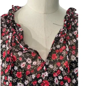 Socialite Floral Chiffon Mini Dress XS Red Black Long Sleeve Smocked Waist NWT thumbnail 7