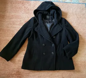 Braetan Black Wool Blend Hooded Peacoat Size L Double Breasted thumbnail 1