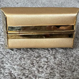 Jessica McClintock GUC gold satin evening bag. Long removable crossbody chain. thumbnail 6