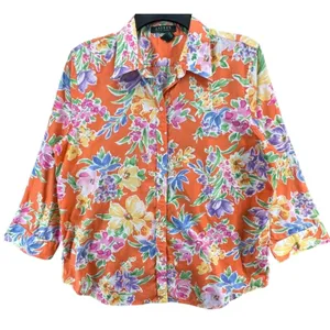 Lauren Ralph Lauren Shirt Womens L Orange Floral Cotton Button Front 3/4 Sleeve thumbnail 1