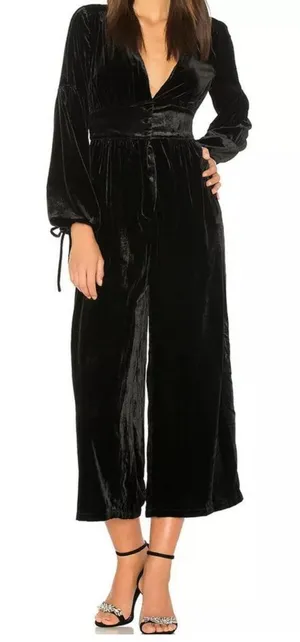 FREE PEOPLE SzS TRUE LOVIN LONG SLEEVE WIDE-LEG VELVET‎ JUMPSUIT BLACK thumbnail 1