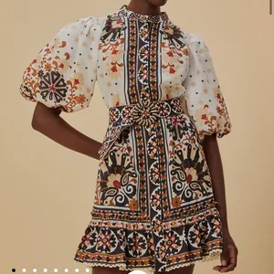 Flower Fan Tapestry Print Puff Sleeve Belted Mini Shirtdress thumbnail 2