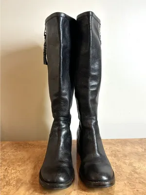 Lucky Brand Black Leather Knee High Boots Braided Zip Pull Block Heel Women's 6 thumbnail 3