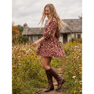 Free People Western Bohemian Dainty Lola Mini Dress Mocha Combo Large Floral NWT thumbnail 13