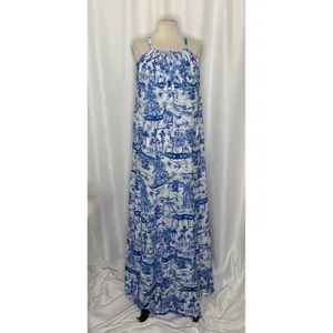 By ANTHROPOLOGIE Jasmine Tiered Cover-Up Dress Maxi Tropical Toile Blue Medium‎ thumbnail 2