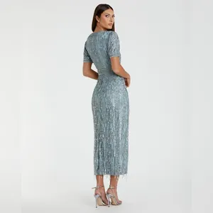 Mac Duggal 5980 Blue High Neck Short Sleeve Crystal Fringe Column Dress thumbnail 5