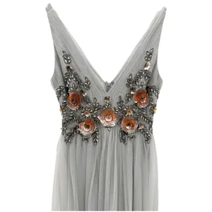 BHLDN Isabel Gray Embellished Tulle Maxi Dress 2 3D Floral Sequin Gown Wedding thumbnail 4