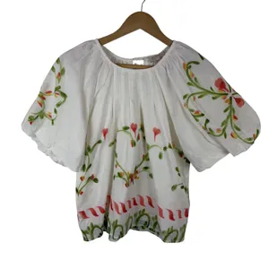 NWT Banjanan‎ Oana Puff Sleeve Top XS Watermelon Wat Artsy Silk Blend Cottage thumbnail 2