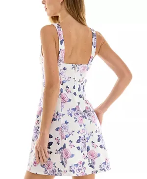 City Vibe NWT Junior Size L Floral Print Scuba Fit&Flare Mini Dress White Lilac Pink thumbnail 2