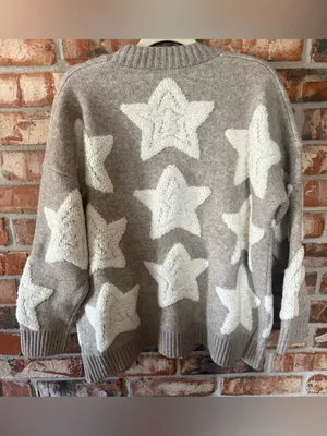 Cozy Star Pattern Cardigan Sweater - Taupe & Cream thumbnail 3