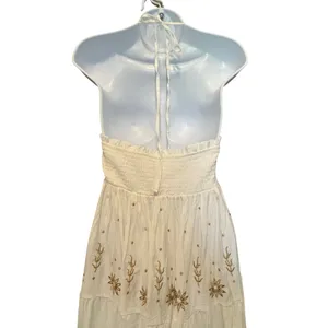 NWT Embroidered Smocked Tiered Boho Halter Maxi Dress L Real Love Fairycore Gold thumbnail 5