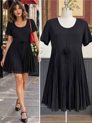 Vintage CDC Caren Desirée Black Pleated Rosette A-Line Dress Sz 12 💚🎀 thumbnail 2