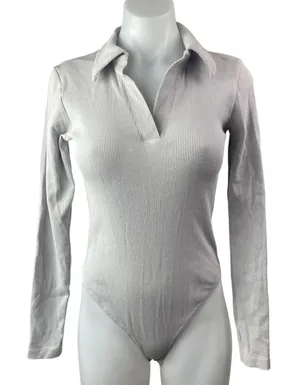 Collusion Gray Long Sleeve Ribbed Knit Thong Collared Polo Bodysuit Top Size 8 thumbnail 1