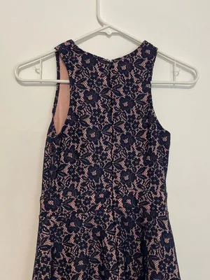 AQUA Navy Blue Lace Light Pink Lining V-Neck Sleeveless Fit Flare Skater Dress thumbnail 10