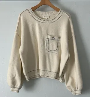 Entro Reverse Seam Cream Sweater with Blue Stitching NWOT thumbnail 1