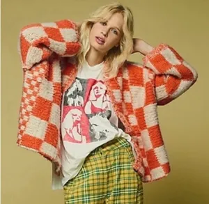 Free People Aldrin Cardi XS/S Oversized Orange Cream Checkered Tennessee Vols thumbnail 1