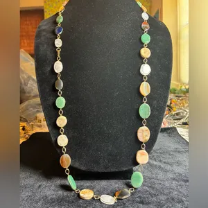 Vintage Multi Colour Agate Slice Link Necklace 34” long Green thumbnail 3