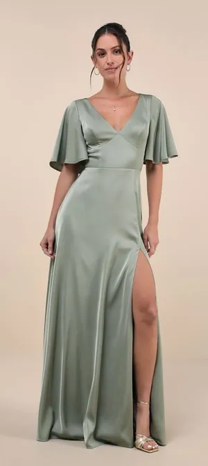 NWT Lulus Elegant Confidence Sage Satin Flutter Sleeve Cutout Maxi Dress Size S thumbnail 1