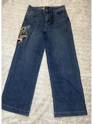 Ed Hardy medium wash embroidered eagle heart tattoo wide leg denim jeans Size 30 thumbnail 1