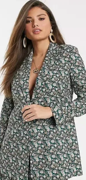 Mango MNG Floral Print Longline Blazer One Button Oversized Women's XXS thumbnail 1