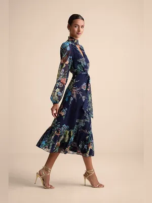 Lulus Fallyn Navy Floral Swiss Dot Long Sleeve Midi Dress Size Medium Tie Waist thumbnail 4