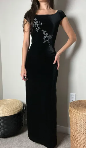 vintage 90s black velvet floral glitter boatneck fitted slit maxi dress gown thumbnail 8