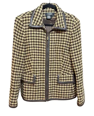 Peck & Peck Houndstooth Wool‎ Blend Zip Jacket Brown Tan Faux Leather Trim Sz 12 thumbnail 1