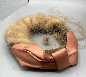 Vintage 1960’s tan Mink pill box Champagne satin ribbon with veil cage thumbnail 1