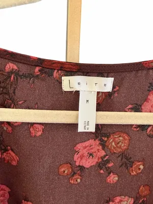 Leith Floral‎ Tie-Front Long Sleeve Peplum Top in Burgundy and Red thumbnail 3