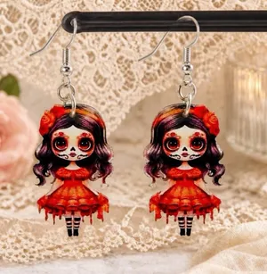 Boutique New Day of the Dead Sugar Skull Doll Acrylic Dangle Earrings thumbnail 4