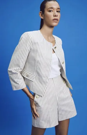 NWOT Zara Navy Striped 3/4 Sleeve Cropped Blazer Jacket Size Large 2504 thumbnail 1