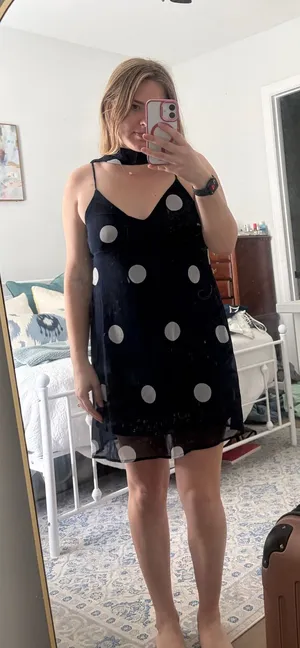 Navy and White Polka Dot Dress with Tie thumbnail 1