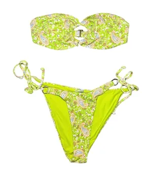 Ribbed Paisley Bandeau Bikini Side Tie Cheeky Small Neon Lime Green Bathing Suit thumbnail 1