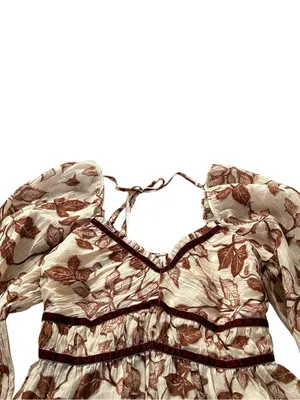 Prómesa Cream Brown Floral Puff Sleeve Babydoll Top Velvet Trim Cottage Renfaire Romance thumbnail 3