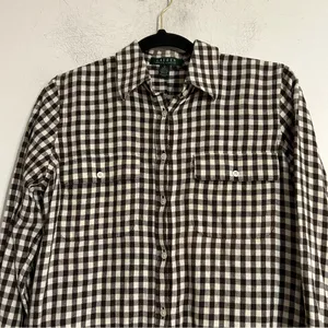 Lauren Ralph Lauren Chocolate Brown Gingham Check Button Up Shirt Small Preppy thumbnail 3