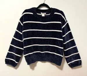Luv Lane Striped Chenille Knit Sweater Dark Blue White Crewneck S thumbnail 2