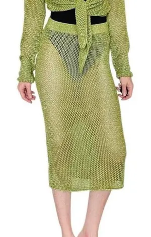 Future Collective Green Mesh Sheer Festival Beach Midi Lamé Skirt thumbnail 1