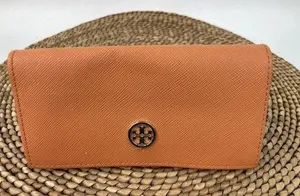 * Tory Burch Saffiano Leather Orange Eye Reading Glasses Case Gold Logo Snap thumbnail 1