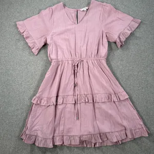L Love V-Neck Ruffle Tiered Dress Size Small Purple Short Sleeve V-Neck Flare thumbnail 1