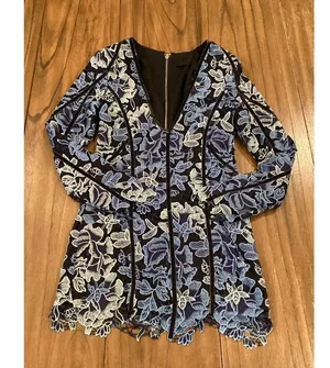 NBD X Corinne Womens Blue Lace Mini Dress Long Sleeve Floral Fitted V Neck thumbnail 11