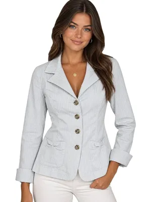 Weekend Max Mara Pinstripe Blazer Jacket Cream Cotton Women Size 4 Tie Back Chic thumbnail 1