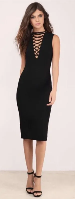 FINDERS KEEPERS Black Lace Up Fitted Midi Dress Sleeveless Party Size XXS‎ thumbnail 1