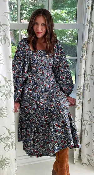 Summersalt Floral Smocked Puff Sleeve Cotton‎ Midi Dress Blue Red 2XL Plus Size thumbnail 1