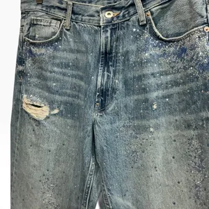 Zara TRF Straight Leg‎ Rhinestone Jeans Blue Size 10 High Rise Distressed thumbnail 3